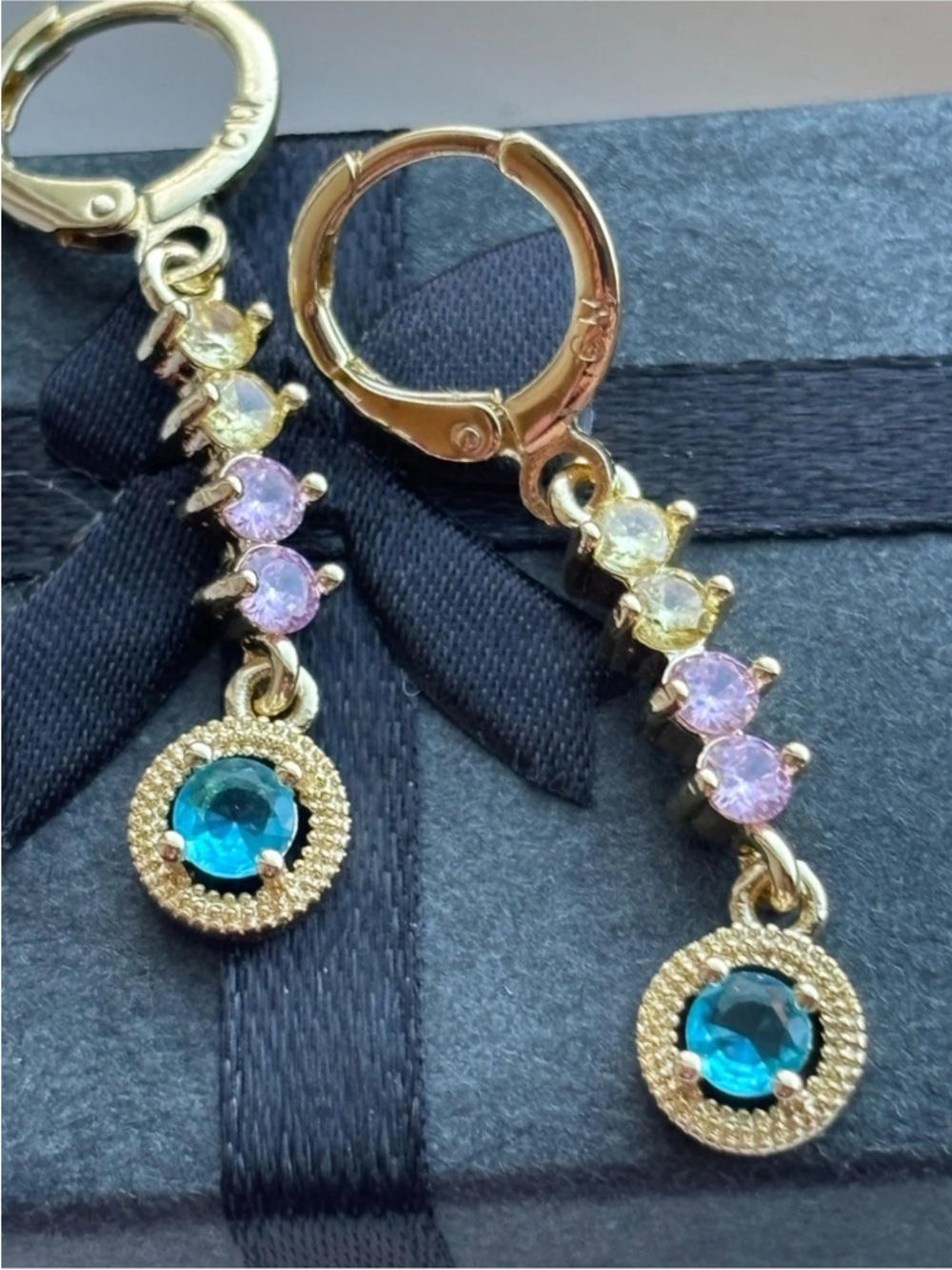 Gold Plated Multicolor Gemstone Drop Earrings Dainty Dangle Huggie Hoops Pastel - Picture 2 of 9